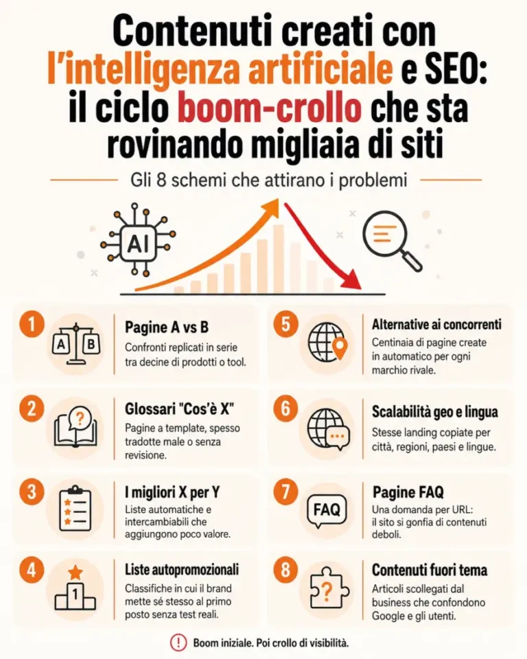 Contenuti creati con l’intelligenza artificiale e SEO: il ciclo boom-crollo che sta rovinando migliaia di siti