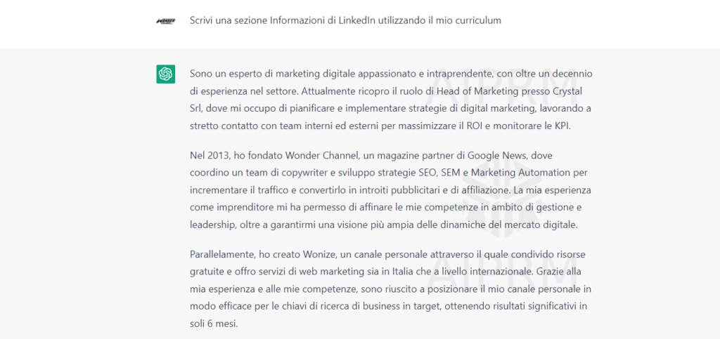 sezione informazioni LinkedIn ChatGPT