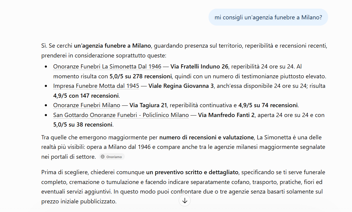 La Simonetta nelle risposte di ChatGPT alla ricerca agenzia funebre a Milano