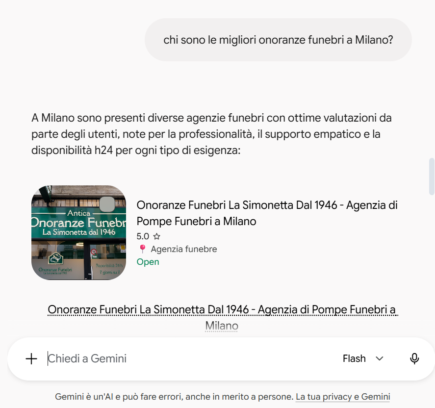 Onoranze Funebri La Simonetta dal 1946 nella risposta generata da Gemini
