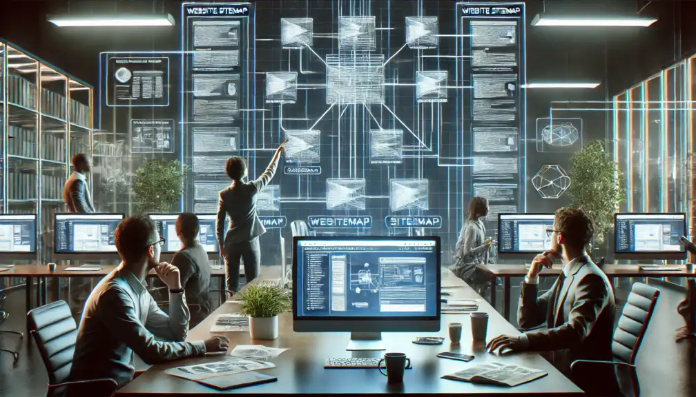 Immagine che simboleggia una sitemap con persone che la indicano. Foto realizzata con l'intelligenza artificiale e creata a scopo decorativo.