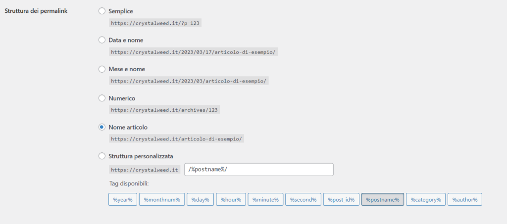 struttura permalink WordPress